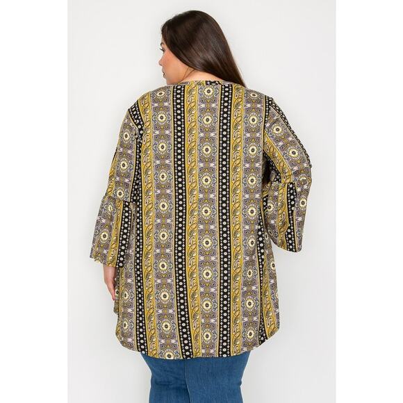 060 Curvy Lovey V-Neck Paisley Multi Print Tunic Top With Ruffle Sleeves Yellow - Picture 3 of 5